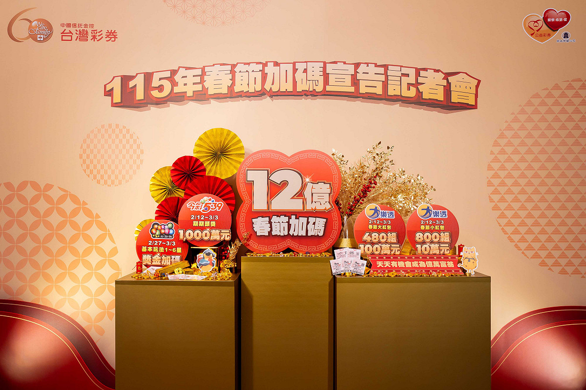 台灣彩券公司宣布2月12日起連續20天，大樂透、今彩539、39樂合彩、49樂合彩、3星彩、4星彩等6款遊戲天天開獎，與民眾一起歡喜迎接金馬年。 圖：台灣彩券公司/提供