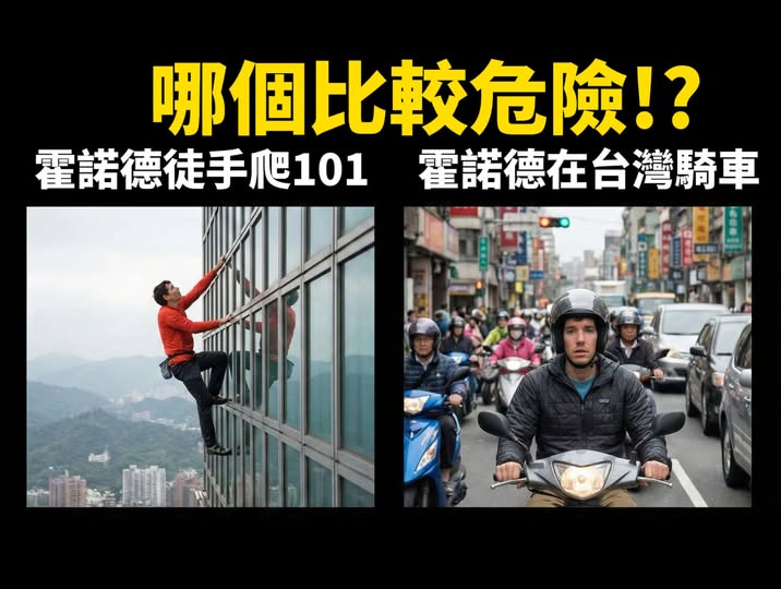 擁有百萬訂閱的YouTuber「Cheap」以趣味方式質疑「徒手爬101」與在「台灣騎車」哪個比較危險？ 圖：翻攝「臉書」Cheap粉絲專頁