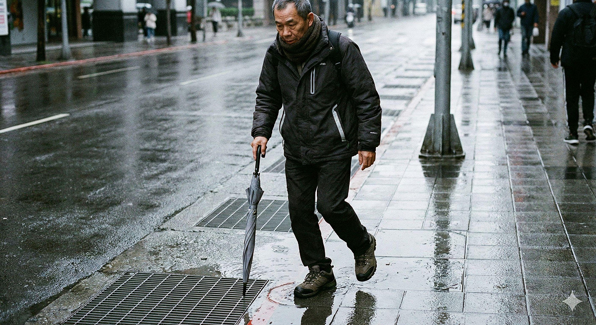 週末將濕冷，黃軒示警心血管病患跌倒恐誘發中風或心律不整，民眾要特別小心。 圖：Gemini AI生成 / 曾郡秋 製