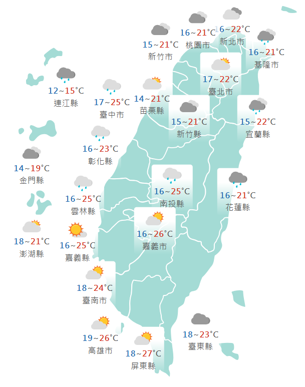 氣象署公布各地天氣預報概況。 圖：氣象署提供
