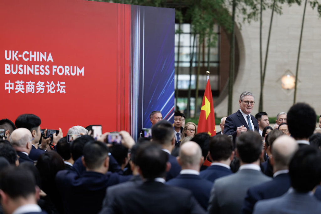 英國首相施凱爾28至31日訪問中國，30日上午在北京中國銀行總行大廈舉行的中英商務論壇致詞。（英國首相府提供）中央社記者陳韻聿倫敦傳真　115年1月31日