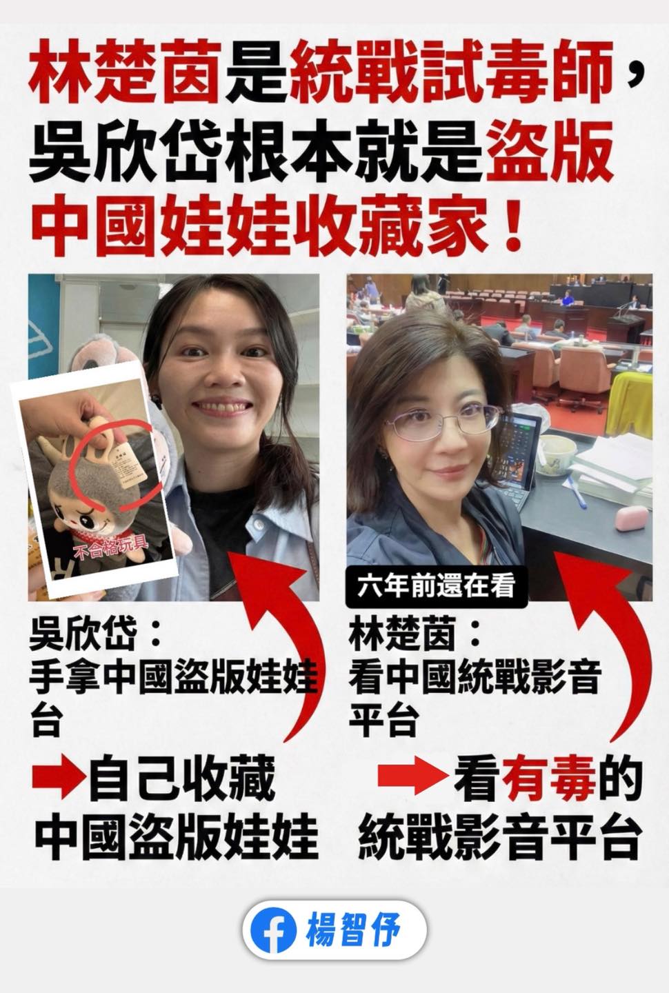 對於抨擊北市府燈節合作「泡泡瑪特」IP的民進黨立委林楚茵與台灣基進台北黨部主委吳欣岱，國民黨台北市議員擬參選人楊智伃諷刺這兩人本身就是中國品牌愛好者。 圖：擷取自楊智伃臉書