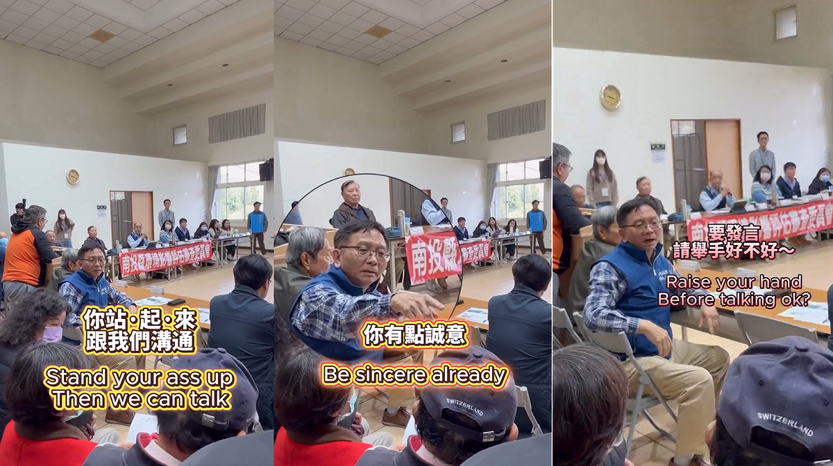 曾因英式英文影片爆紅的名間在地製茶師「常行深」也現身，中英夾雜飆罵官員，並與廢棄物公會代表激烈對罵。 圖：取自常以深Threads