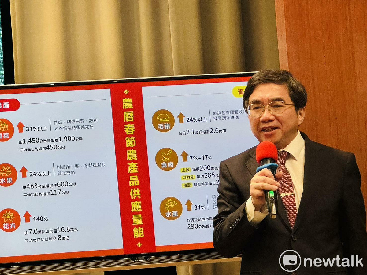農業部農糧署陳啓榮副署長說明春節期間民生物資供應情況。 圖：謝莉慧/攝