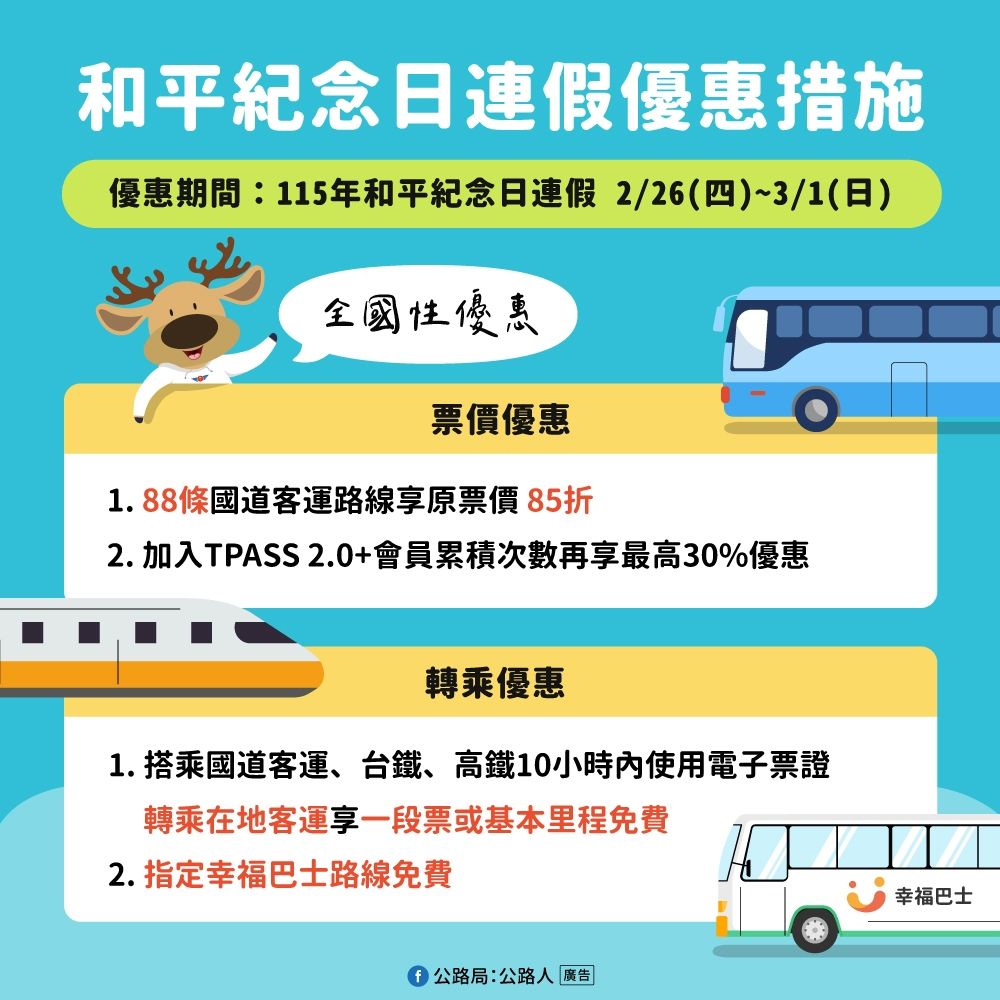 公路局推出228和平紀念日連假(2月26日起至3月1日)優惠措施。 圖：交通部公路局/提供