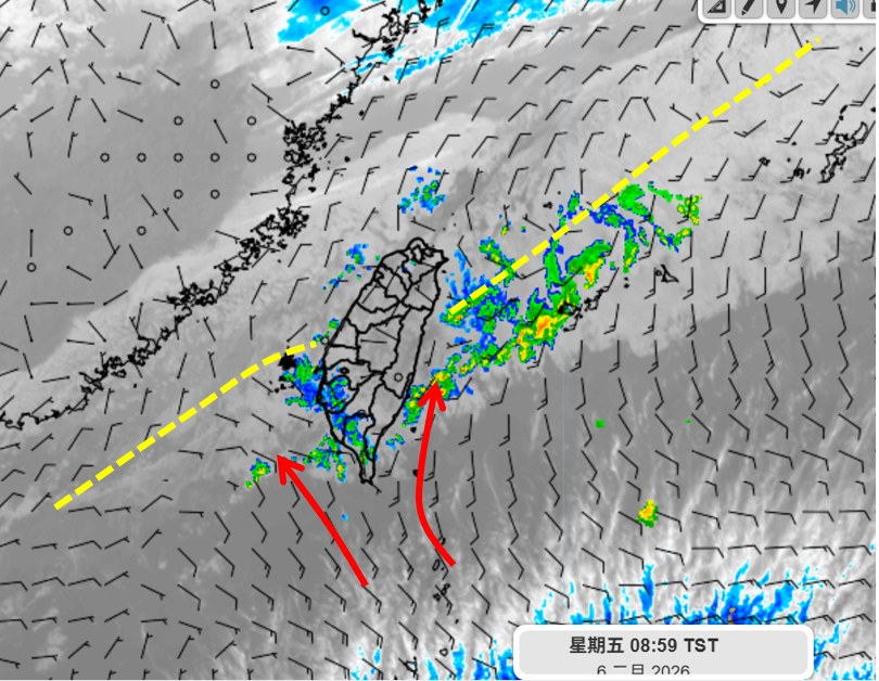 鋒面今早通過中，高雄在今早睽違多日出現明顯降雨。 圖：天氣職人吳聖宇臉書粉專