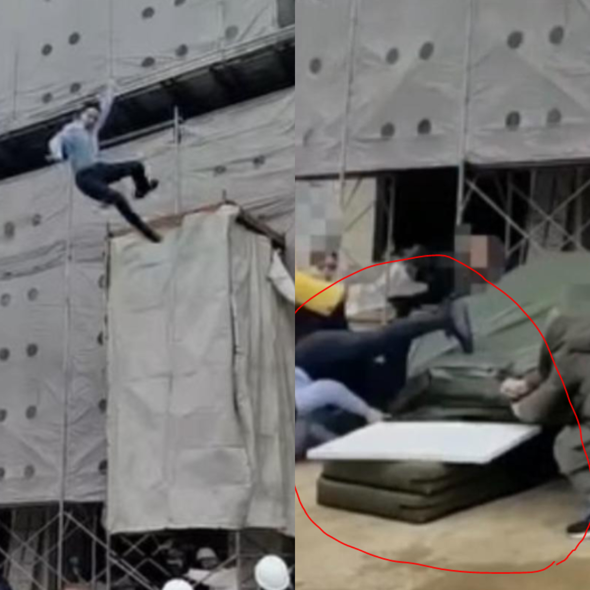 民視八點檔《豆腐媽媽》近期爆出工安意外，上月20日一名替身演員拍攝從鷹架墜落的戲時，疑似因防護墊面積不夠大，導致他頭部直接撞擊水泥地面。 圖：翻攝自台北市電影戲劇業職業工會FB