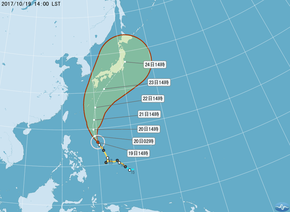中度颱風蘭恩有機會變強烈颱風，雖颱風不會直接過境台灣本島，但21日颱風會最靠近台灣，台灣近海將受到影響，有機率出現6到7公尺長浪，提醒民眾注意。 圖 : 翻攝自中央氣象局