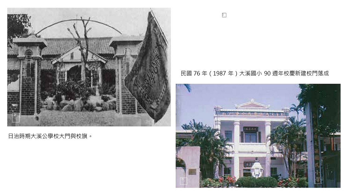 民國 76 年（1987 年）大溪國小 90 週年校慶新建校門落成。 圖:桃園市文化局木博館提供