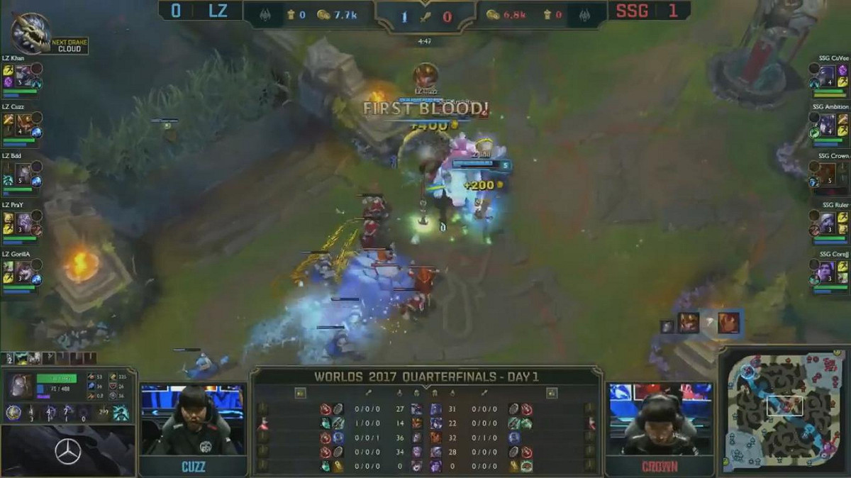 由LZ打野製造的首殺。 圖：翻攝自 LoL Esports YouTube