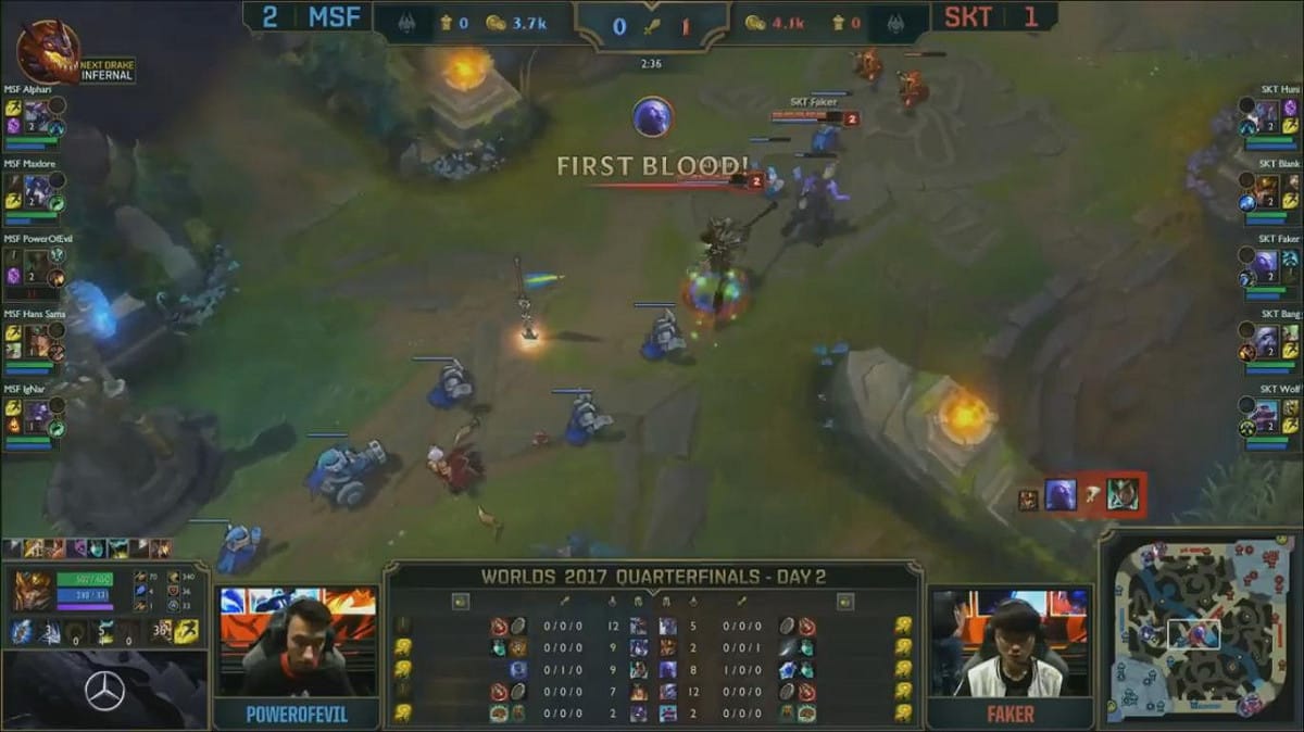 Faker在隊友支援下拿到首殺。 圖：翻攝自 LoL Esports YouTube