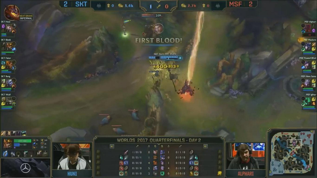 比賽開場沒多久，SKT上路Huni在野區的首殺。 圖：翻攝自 LoL Esports YouTube