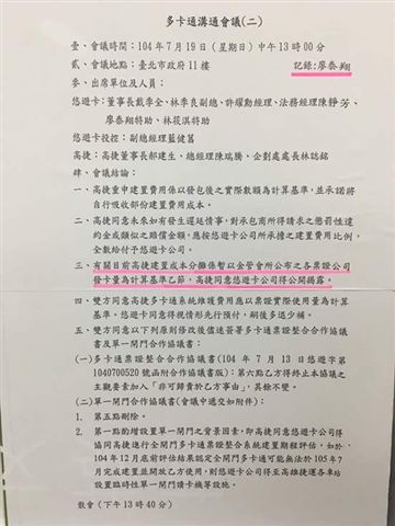 劉世芳出示多卡通溝通會議內容，批柯ｐ撂話「北捷要封殺一卡通」是「趷人夠夠」。 圖：劉世芳服務處/提供