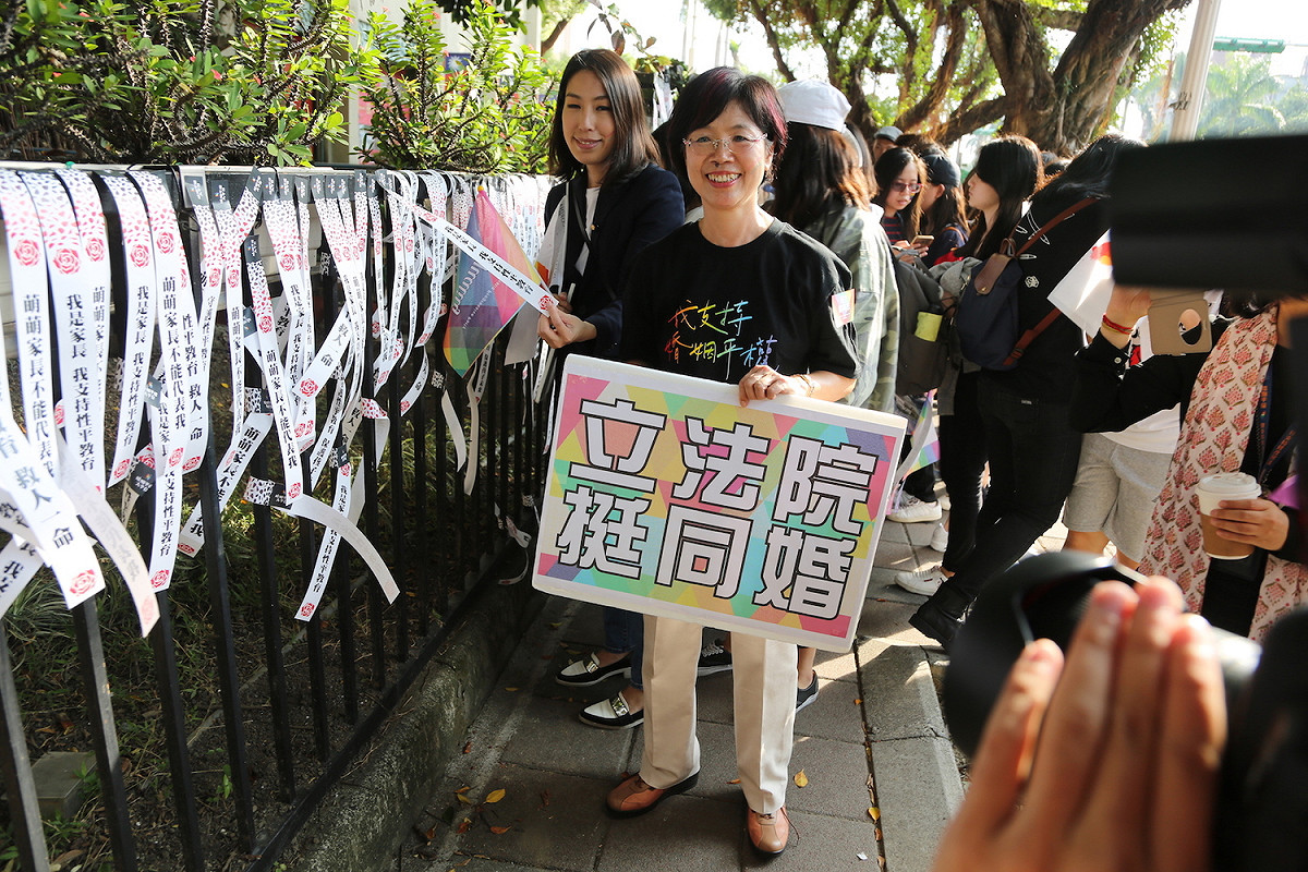 長期關注同婚議題的民進黨立委尤美女高舉「立法院挺同婚」立牌。 圖：婚姻平權大平台 / 提供