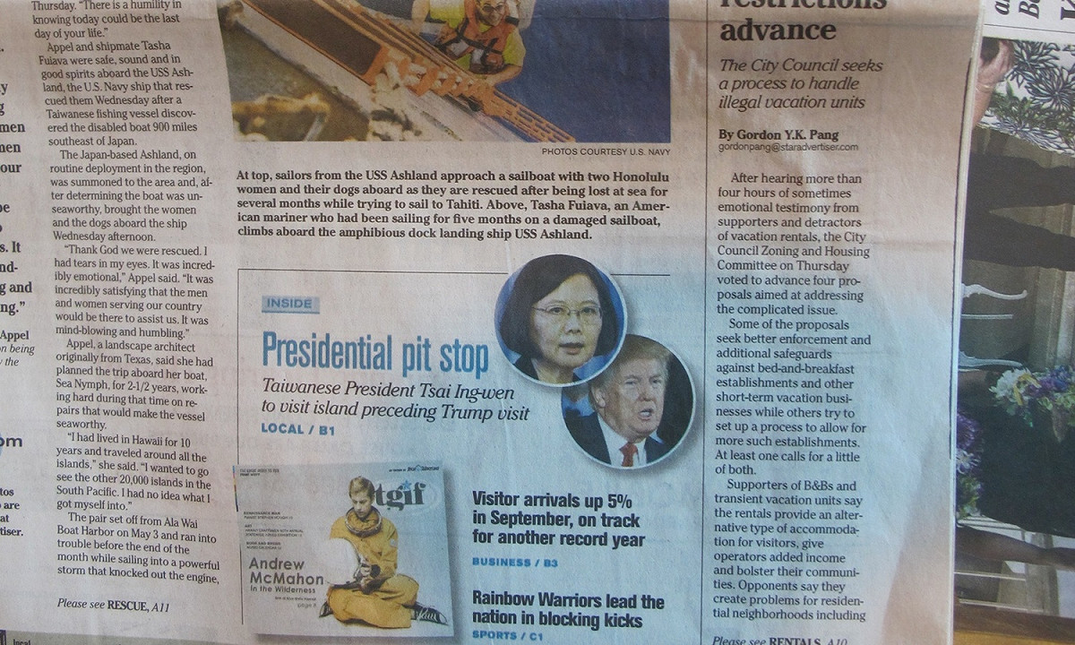 當地報紙「Star and Adversitser」（檀香山星廣報）27日刊登蔡英文過境消息。 圖片來源：讀者提供