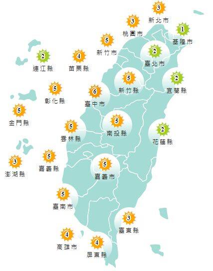 氣象署發布各地紫外線指數預報概況。 圖：氣象署提供