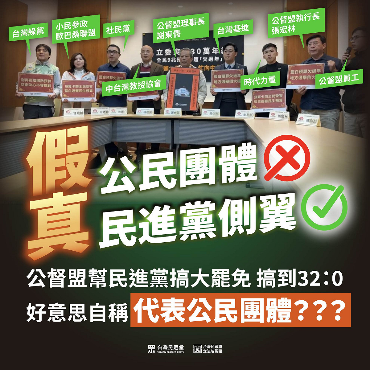 民眾黨團批公督盟「假民團」、「真側翼」。 圖：民眾黨團 / 提供