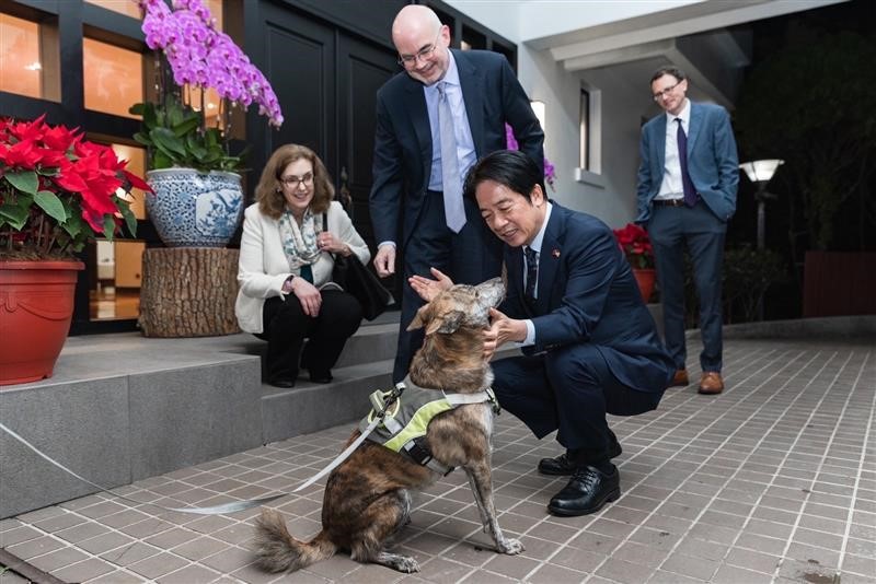 賴清德與愛犬斑斑玩得很開心，谷立言在一旁笑著。 圖：翻攝自AIT臉書