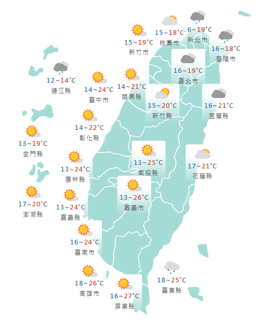氣象署公布各地天氣預報概況。 圖：氣象署提供