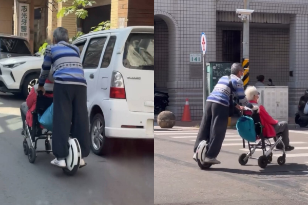 高雄老翁飆電動獨輪車推輪椅，畫面引起網友熱議。 圖：翻攝自Threads@chihyao