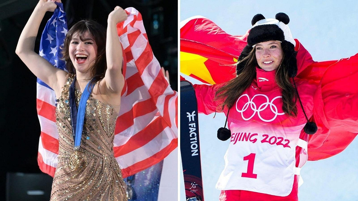 劉美賢選擇高調表達對美國的認同，而谷愛凌則選擇代表中國參賽，使兩位選手形成鮮明對照。 圖：翻攝自 X @zhihui999