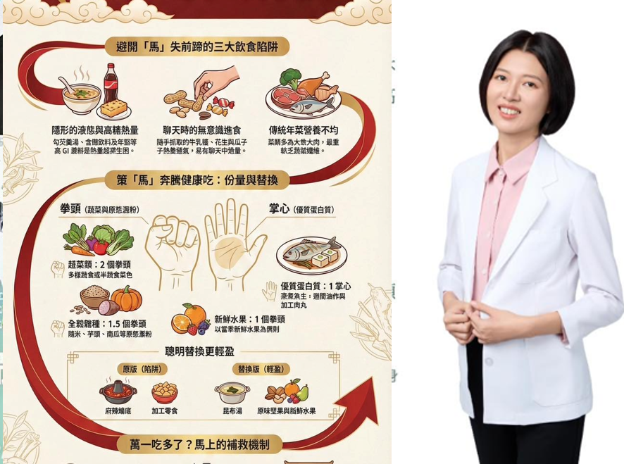 其澤中醫翁子涵醫師教大家在新春享美食之際，如何避開「馬」前失蹄的三大飲食陷阱，以及策「馬」奔騰的健康吃法。   圖：其澤中醫提供