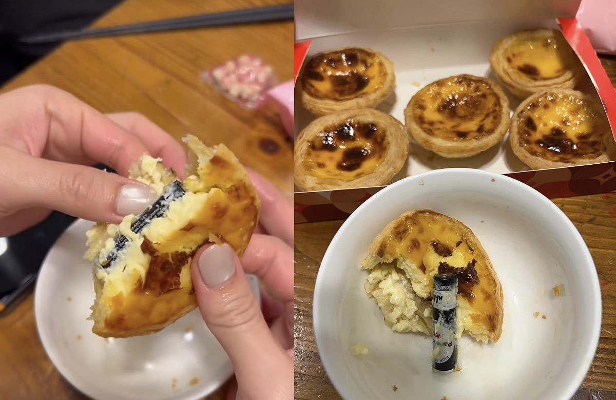 民眾察覺蛋塔底部有黑色異物，將蛋塔皮撥開發現是一顆電池。 圖：翻攝自Threads/來源：jiajuang