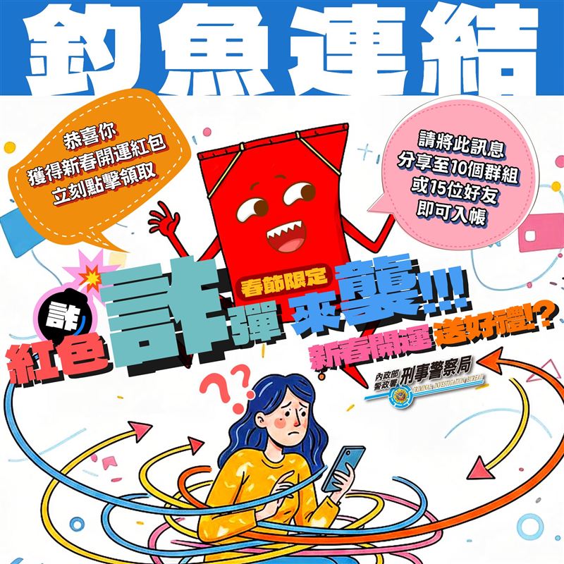 數位發展部數位產業署提醒，春節期間可能碰上「轉傳領紅包」的詐騙。 圖：翻攝自165全民防騙