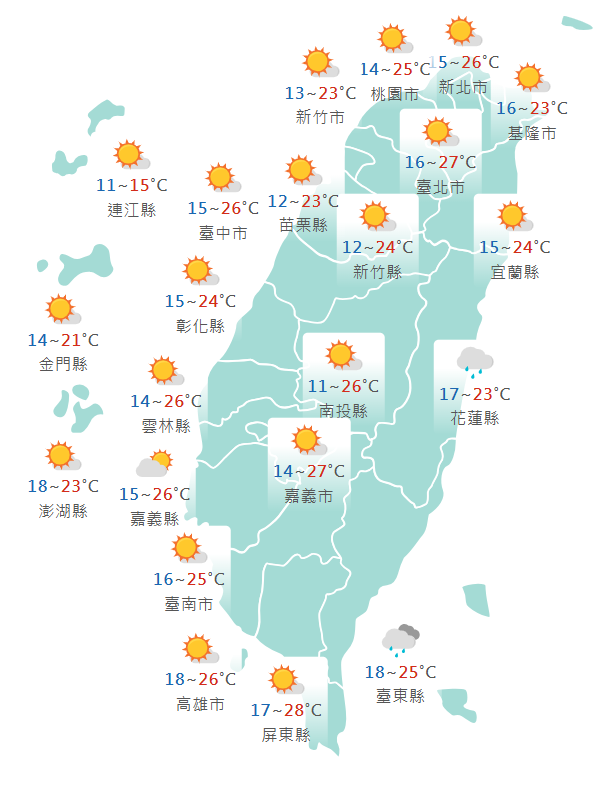 氣象署公布各地天氣預報概況。 圖：氣象署提供