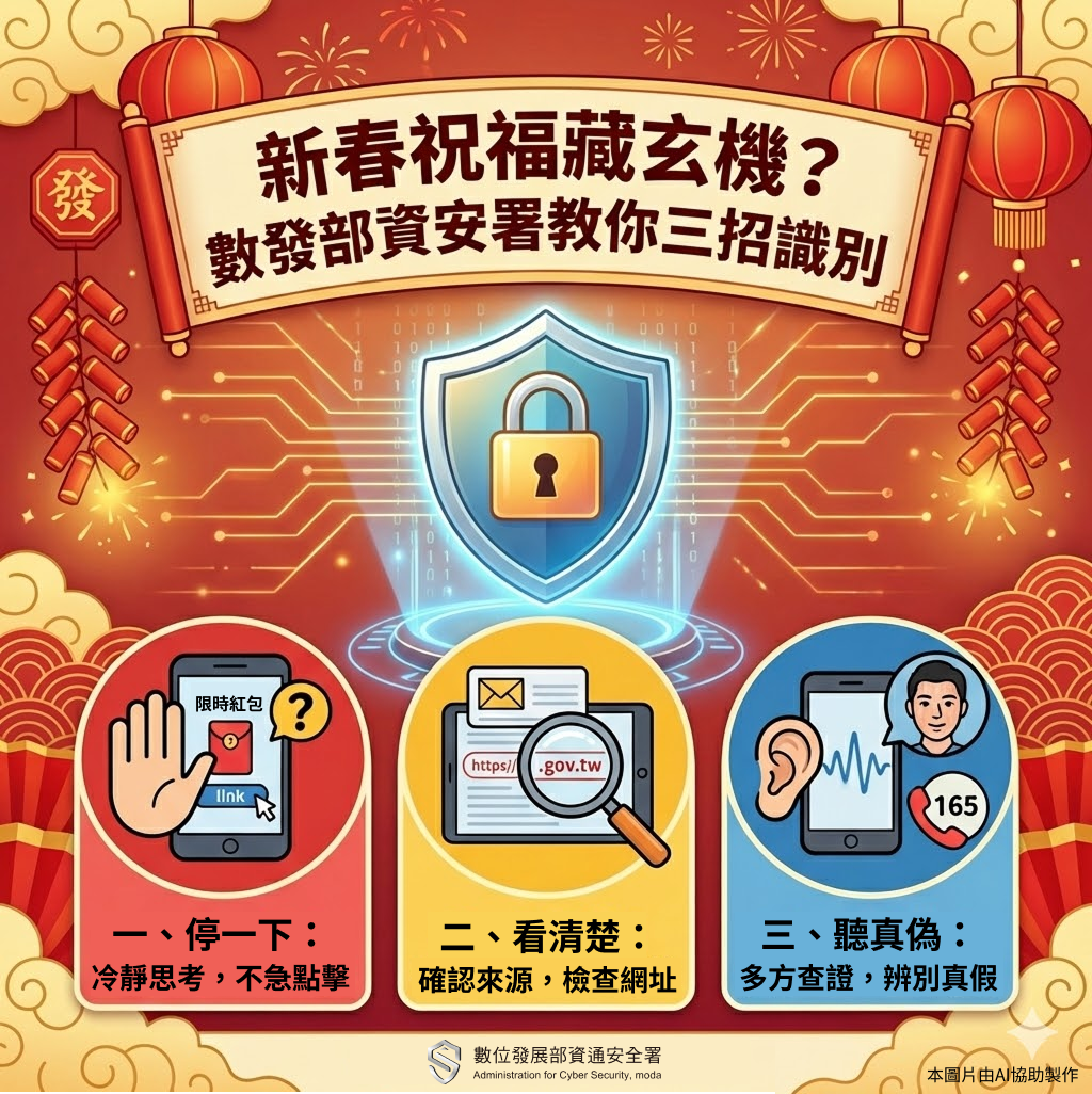 數位發展部資通安全署（以下簡稱資安署）提醒，在使用數位拜年表達心意的同時，也要留意隱藏在連結與附件下的社交工程危機，善用「停、看、聽」的資安防護三步驟，才能過個既溫馨又平安的好年。 圖：賀安署提供