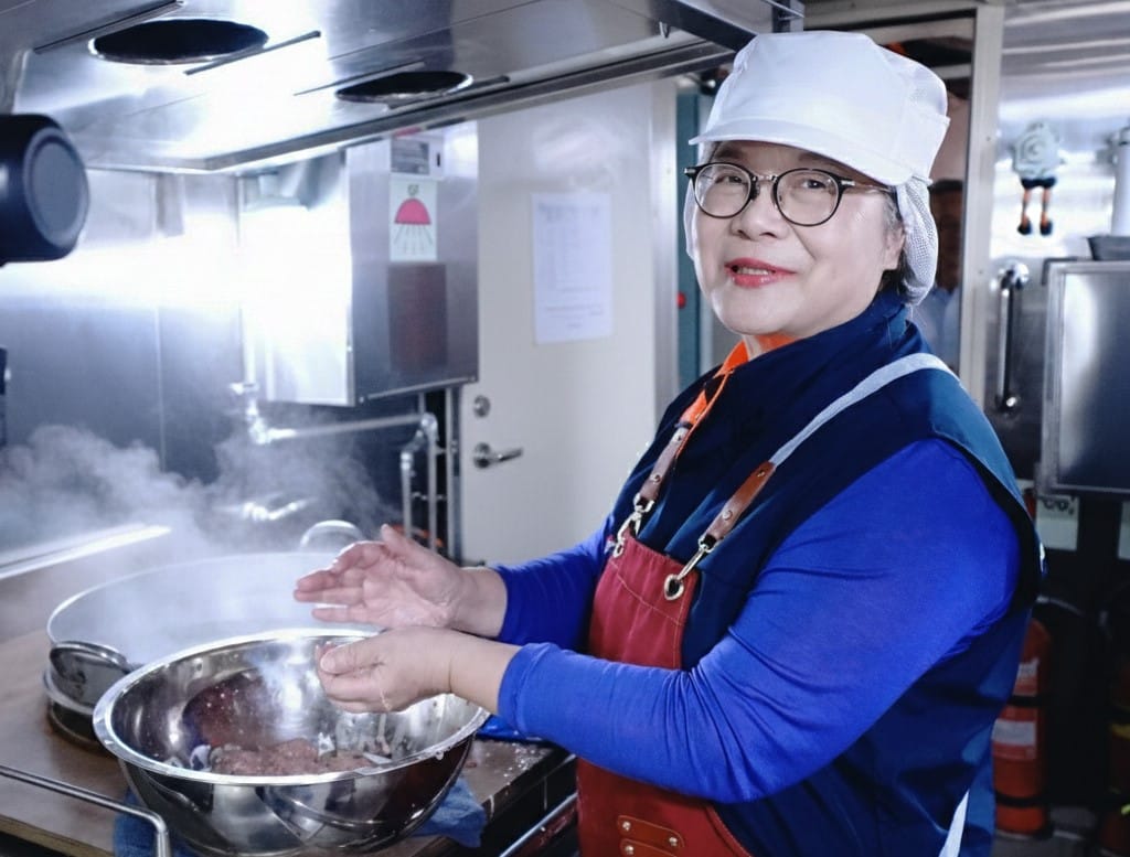 管碧玲堅持獅子頭要純手工揉捏出筋並裹太白粉水 鎖住肉汁與定型。 圖：海洋委員會/提供