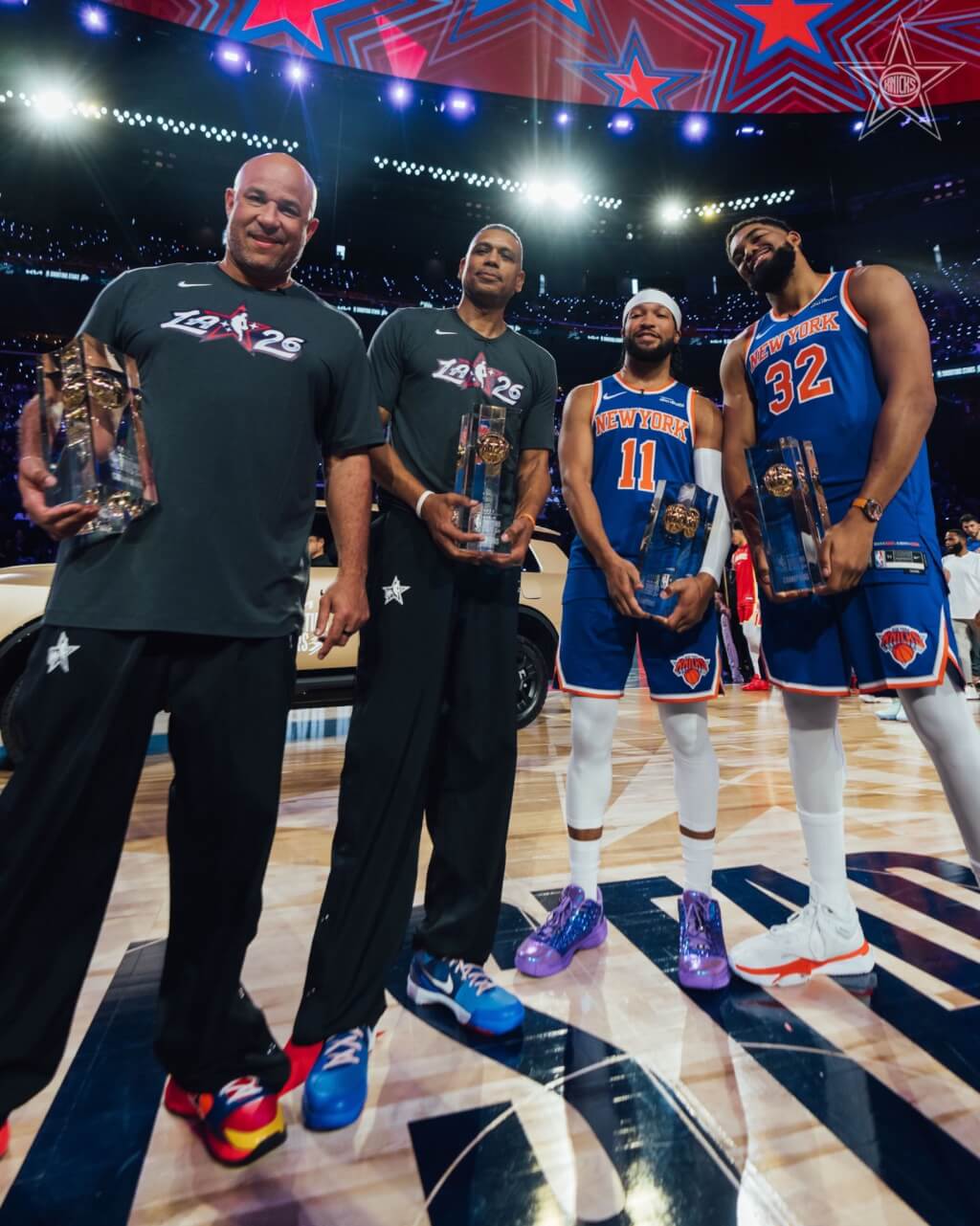 美國職籃NBA紐約尼克明星組成的尼克隊14日在2026年NBA明星賽投籃大賽擊敗卡麥隆隊。 （圖取自x.com/nyknicks）