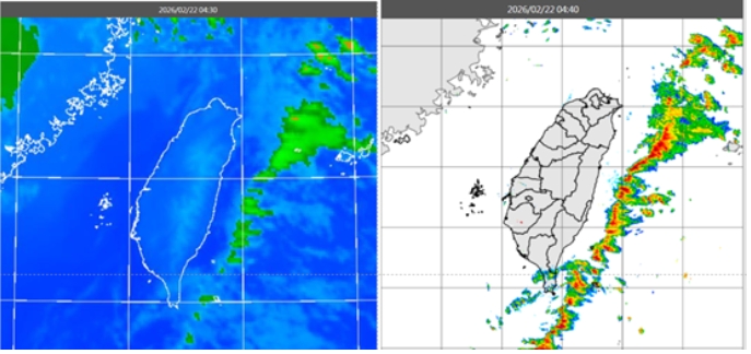 今(22日)晨4：30紅外線色調強化雲圖顯示，臺灣陸地晴朗、東側海上有條狀雲層(左圖)。4：40雷達回波合成圖顯示，雲層伴隨條狀降水回波(右圖)。 圖/取自「氣象應用推廣基金會」