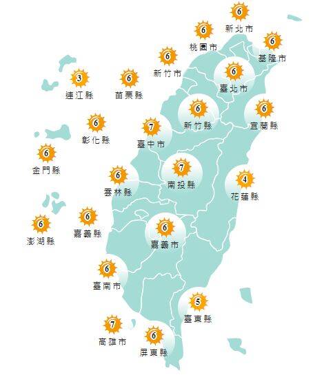 氣象署發布各地紫外線指數預報概況。 圖：氣象署提供