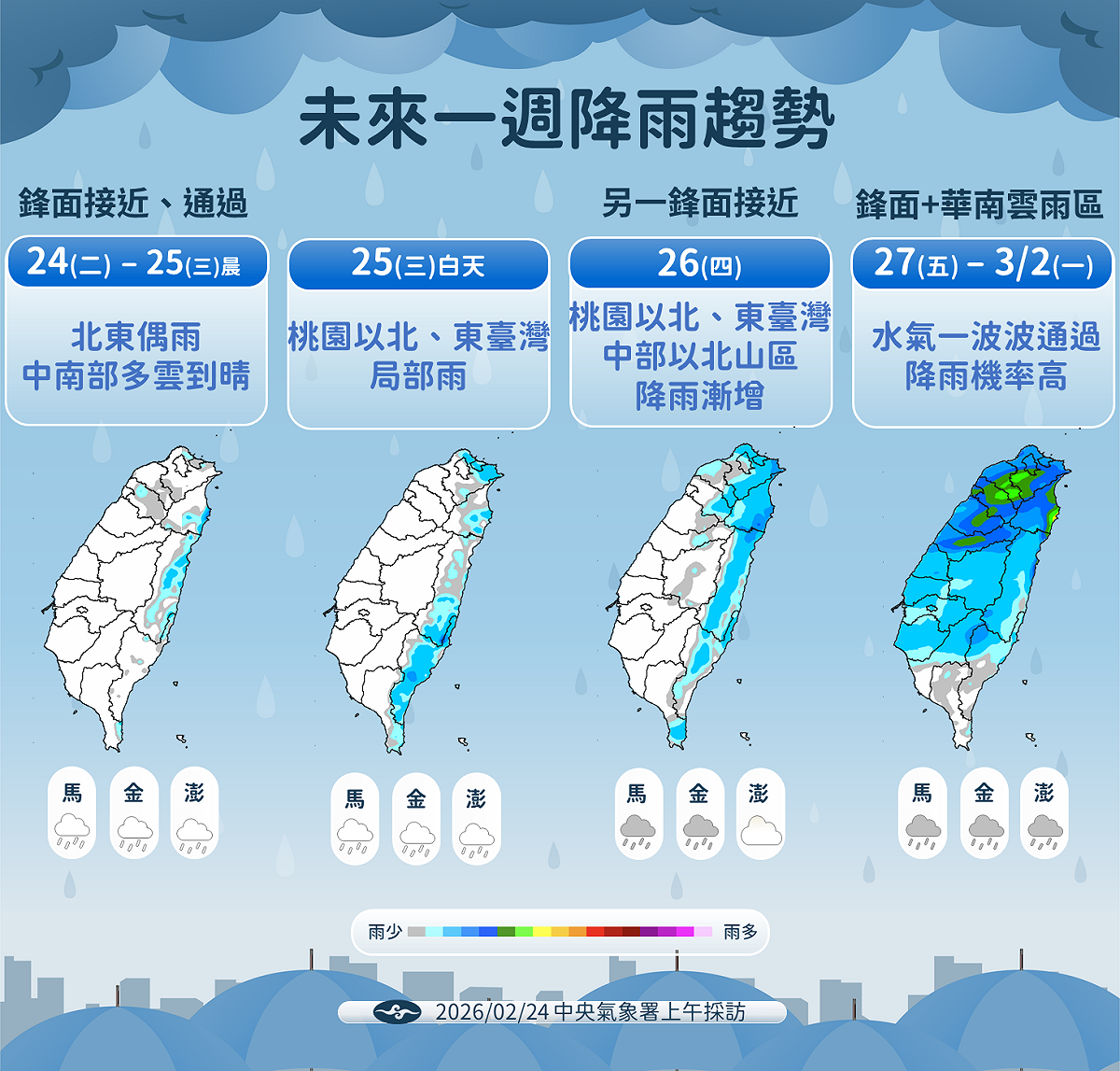 今明北東偶雨，連假受雙鋒面夾擊全台易降雨，熱區集中桃園以北、東台灣及中北山區。 圖：氣象署／提供