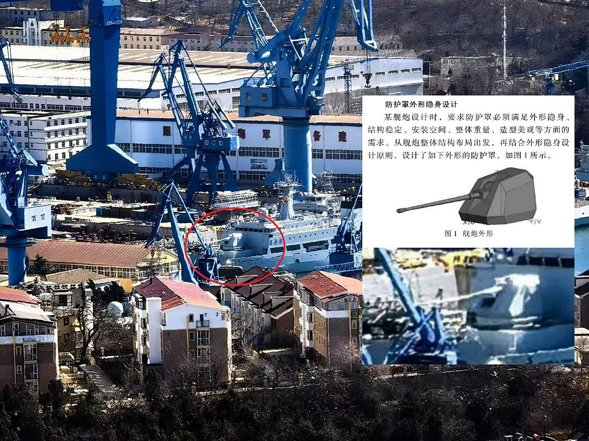 社群媒體曝光中國解放軍海軍910型綜合試驗艦安裝155毫米口徑艦炮進行測試。 圖：翻攝「X」@chaoyinsukandao