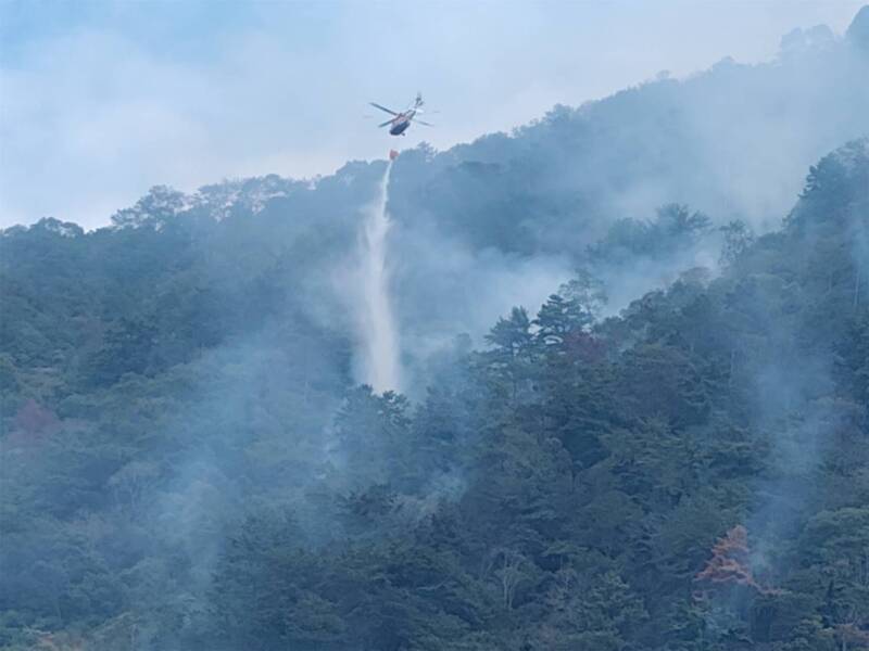 南投縣埔里鎮觀音瀑布對面的林保署林地原以控制火勢，昨日又延燒。 圖：林保署南投分署提供