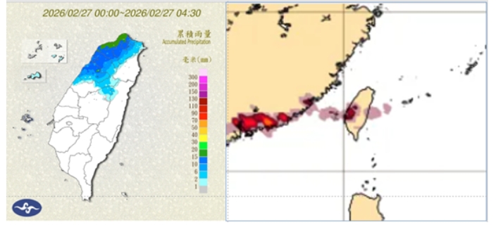 左圖：今(27日)晨4：30累積雨量圖顯示，中部以北明顯降雨。右圖：最新(26日20時)歐洲模式(ECMWF)、下週二(3日)2時閃電模擬圖顯示，中部附近有閃電(春雷)發生。對流胞的準確模擬，對任何模式而言皆不容易，僅可視為機率是存在的。 圖/氣象應用推廣基金會專欄「洩天機教室」