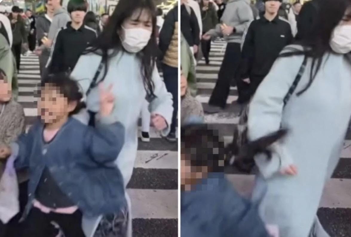 台灣一名媽媽與女兒到日本東京旅遊，在澀谷街頭拍照打卡遭藍衣女子惡意衝撞。 圖：翻攝自 IG