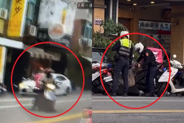 台中外送員趕時間違規跨越雙黃線，員警開單時下跪求饒。 圖：翻攝畫面