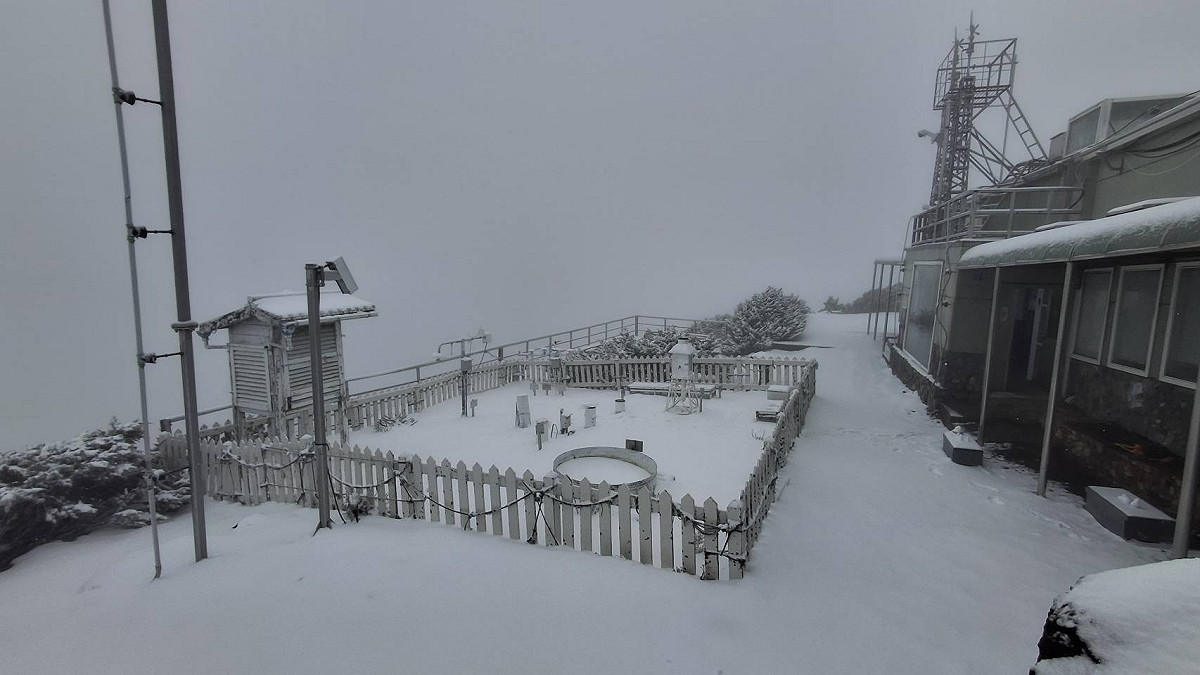 山上大雪紛飛，各地染上雪白冰霜，景色相當夢幻漂亮。 圖：氣象署／提供