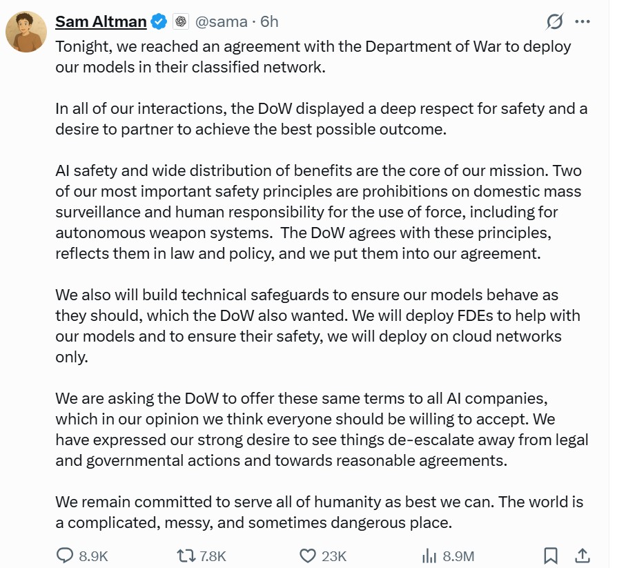 OpenAI執行長Sam Altman昨日公開聲援Anthropic，但今日就在X上宣布，取代Anthropic與國防部簽約。 圖：翻攝自Sam Altman X
