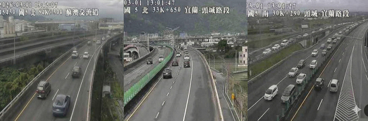 今（1）日收假北返車潮增，高公局估量下修 97 百萬車公里，午後 11 路段易壅先查路況。 圖：翻攝高公局即時路況／新頭殼　合成