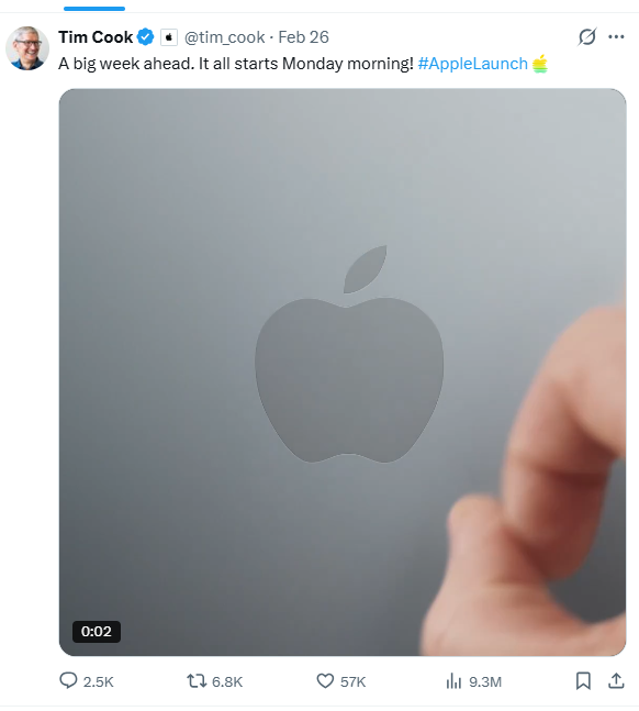 蘋果執行長庫克(Tim Cook)，上週在社群平台發文暗示，「精彩的一週即將到來，將從週一開始」，透露將採逐日形式發表新品。 圖：翻攝自Tim Cook X