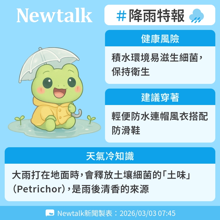 大雨打在地面時，會釋放土壤細菌的「土味」（Petrichor），是雨後清香的來源 圖：Newtalk製表