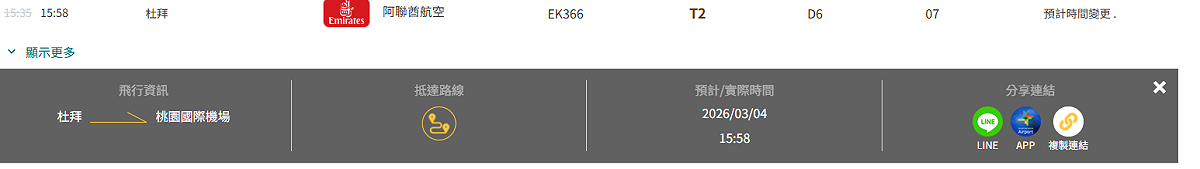 阿聯酋航空EK366航班，今天凌晨3時51分已從杜拜起飛，預計下午3時58分抵達桃園機場第二航廈。 圖：取自桃園機場