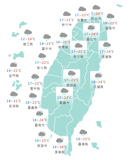 氣象署公布各地天氣預報概況。 圖：氣象署提供