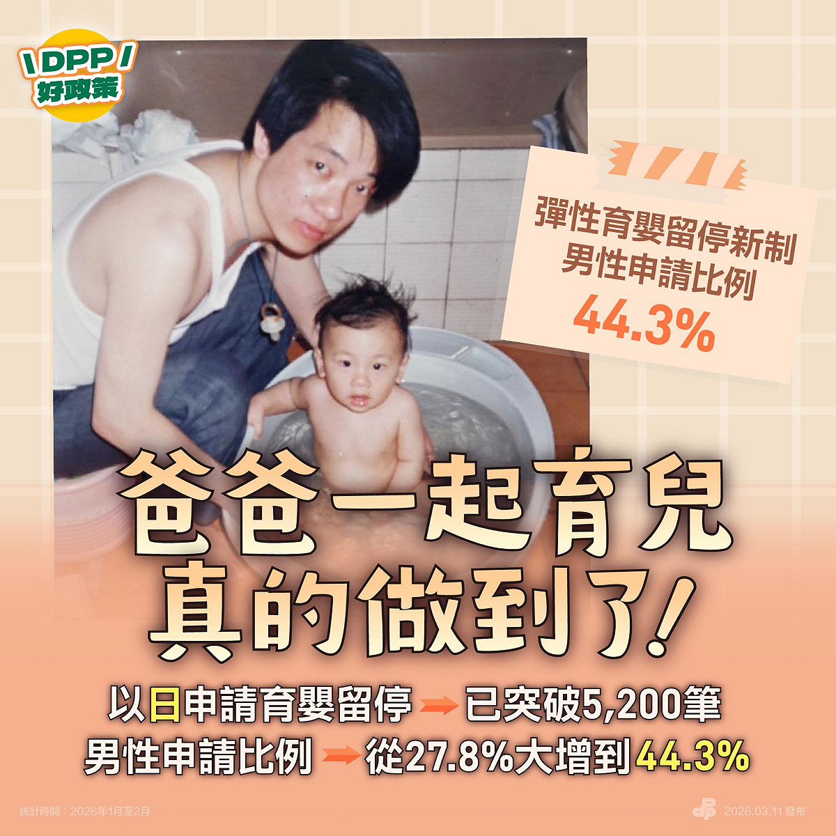民主進步黨今（11）天上午在臉書PO出身兼黨主席的賴清德總統舊照，照片中的他正在幫兒子洗澡。 圖：擷自民進黨臉書粉專