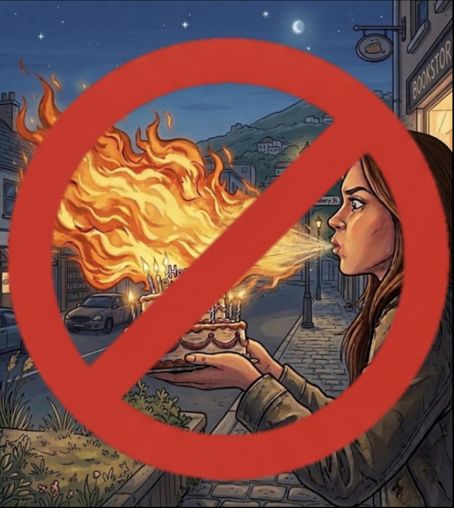 消防署11日表示，近日網路社群平台陸續流傳民眾慶生以嘴含玉米粉或酒精噴向蠟燭，製造噴火效果的影片，呼籲此類行為極其危險，切勿模仿。（消防署提供）中央社記者黃麗芸傳真  115年3月11日
