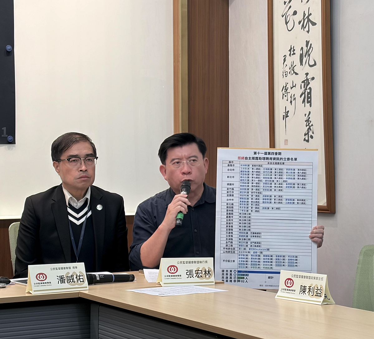 公督盟執行長張宏林（右）也痛批推出《立法院組織法》版本的國民黨立委牛煦庭，雖然是號稱最年輕的立委，「但也是最無恥跟最會説謊的立委」。 圖：李宣萱／攝